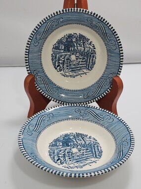 2 Currier Ives Old Farm Gate Bowl 5.5" small dessert fruit Royal Pottery blue